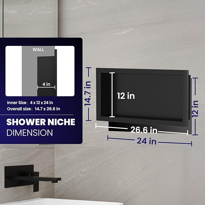 12" x 24" Stainless Steel Shower Niche, Single Waterproof Shelves, No-Tile Needed Bathroom Organizer, Rustproof Wall Shelf for Shampoo, Soap & Toiletries, Black