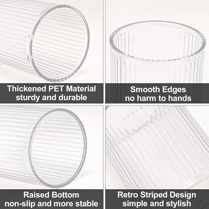 DASITON Makeup Brush Holder Organizer, Acrylic Makeup Brush Cup, Vintage Striped Make Up Brush Holder for Vanity, Bathroom Countertop, Toothbrush Holders, Pen Holder for Desk Storage (Clear)