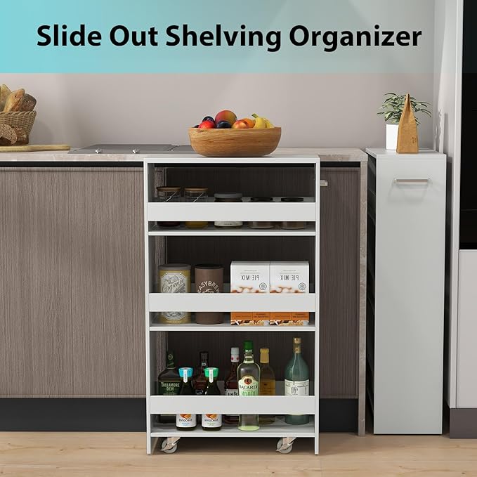 POWERSTONE 4-Tier Slim Storage Cart, Narrow Kitchen Rolling Cart w/Handle & Open Shelves, Skinny Slide Out Utility Organizer Trolley for Kitchen Bathroom Laundry Small Spaces White