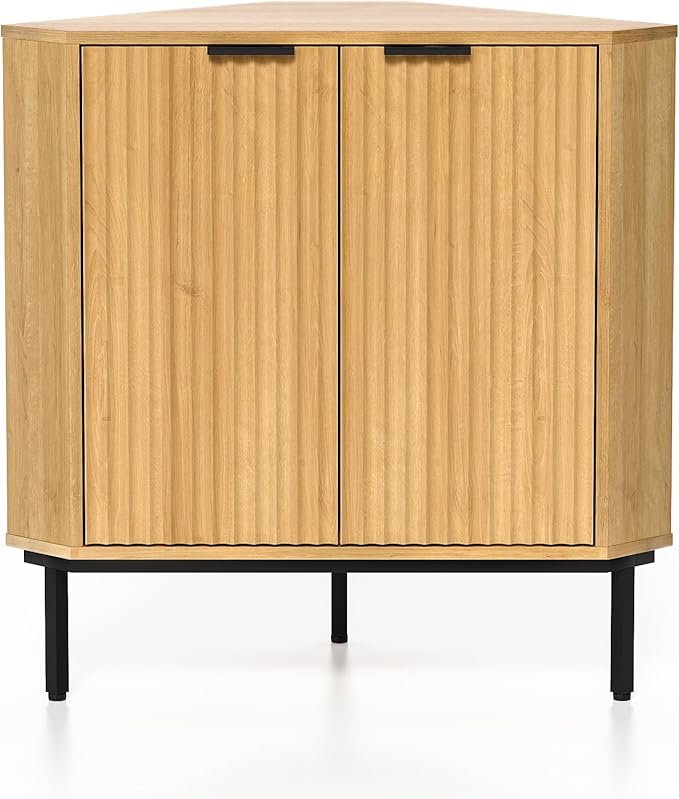 Modern Corner Cabinet, Fluted Small Floor Storage Cabinet with Adjustable Shelf, Freestanding Narrow Organizer for Living Room Kitchen, Natural Oak