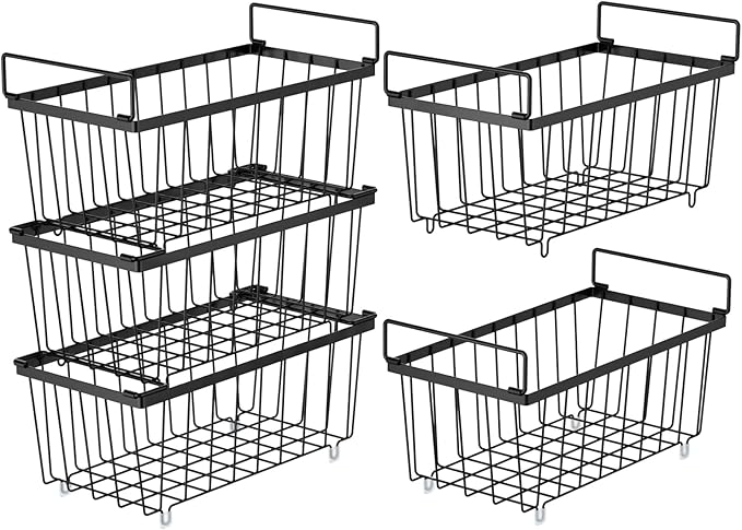 iSPECLE Chest Freezer Organizer Bins - 5 Pack Small Stackable Freezer Organizer Bins for 5 to 7 Cu.FT Deep Freezer Easy to Get Food from Bottom without Digging, Black