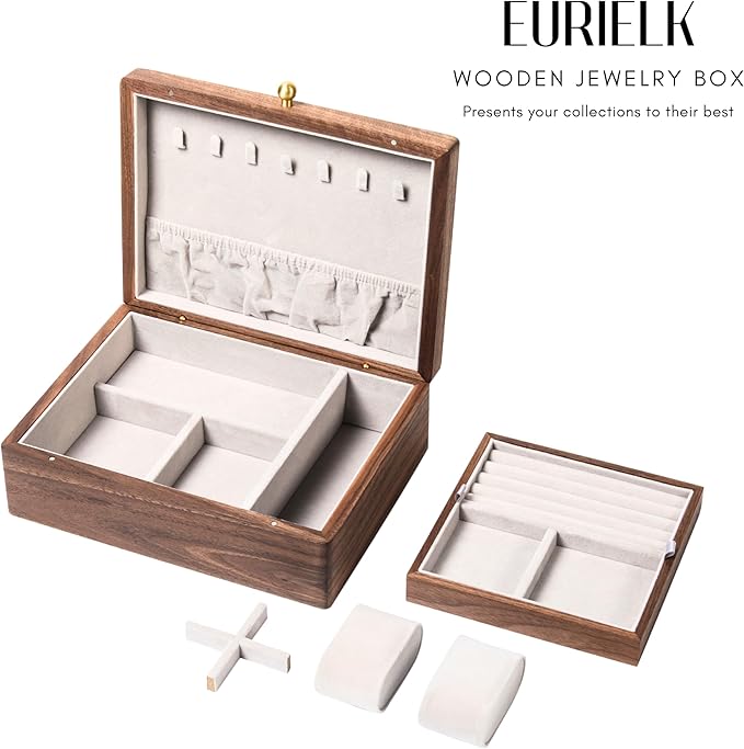 Wooden Jewelry Box, Two Layer Medium Size Real Natural Solid Walnut Wood, Vintage Organizer with Earring Storage, Ring Compartments, Built in Necklace Hooks, Watch Cushions, ek16-m-grey