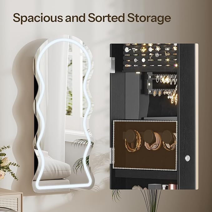 HOOBRO LED Mirror Jewelry Cabinet, Wall/Door Mounted Jewelry Organizer, Jewelry Aromire with Wavy Mirror Full Length, Lockable Cosmetics Storage Cabinet, Interior Mirror, 16.5" x 4.1" x 43.3", Black