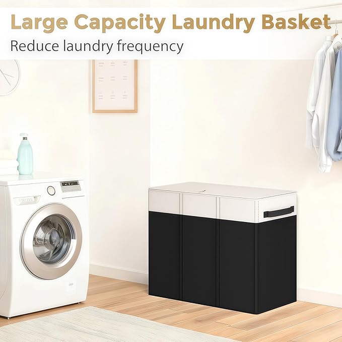 180L Laundry Hamper 3 Section, Large Laundry Basket with Lid, Laundry Basket Organizer with Handles, Divided Clothes Hampers for Laundry, Bedroom, Bathroom, White & Black