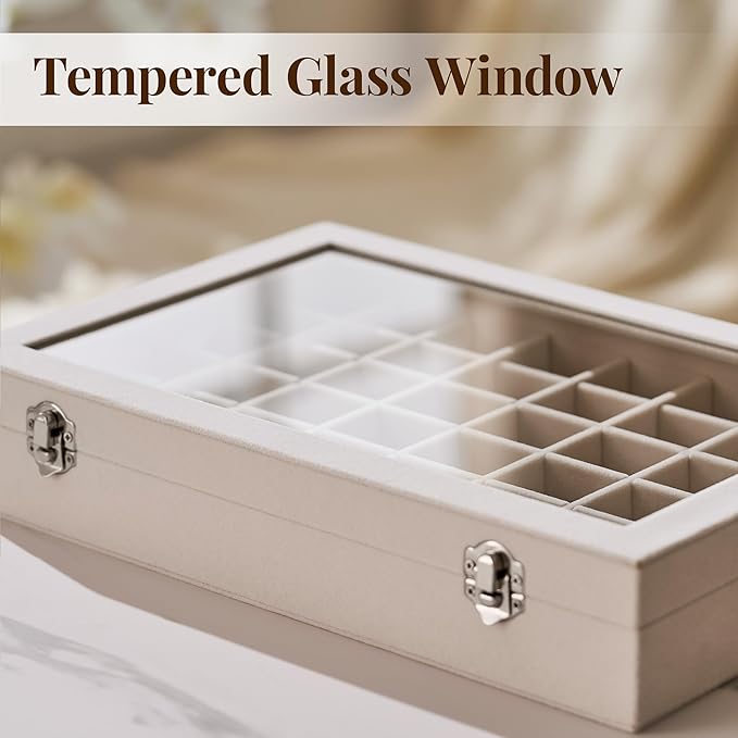 48 Grid Earring Organizer and Storage: Velvet Jewelry Tray with Lid, Jewelry Box for Studs, Earrings, Rings, Necklaces, Dresser & Vanity, Earrings Case for Girls, Women, Beige