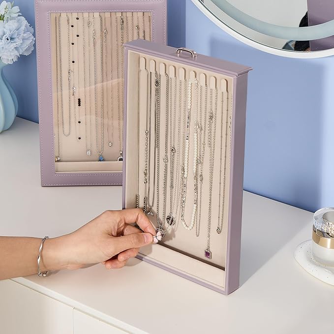 Lolalet Necklace Organizer Box, 2-Layer Jewelry Storage Boxes with Clear Lid for Necklaces, Tangle-Free Necklace Display Case for Women Girls -Dusty Purple