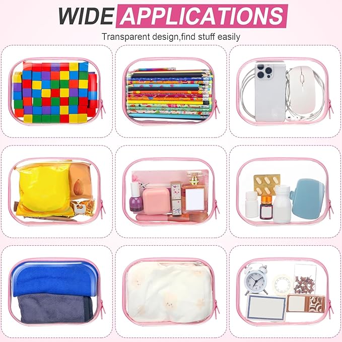 Sanwuta 6 Pcs Clear Hard Zipper Case Hard Plastic Zipper Pouches Transparent Makeup Bag Pencil Pouches for Travel Snacks Christmas Trinket Storage Organizer Box(Pink,7.87 x 5.9 x 2 Inch)