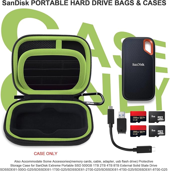 Hard Case for SanDisk Extreme Portable SSD 500GB 1TB 2TB 4TB 8TB External Solid State Drive Case -Custom-Insert Shockproof Protective Storage Travel Bag for SSD SD Card Holder (Green)