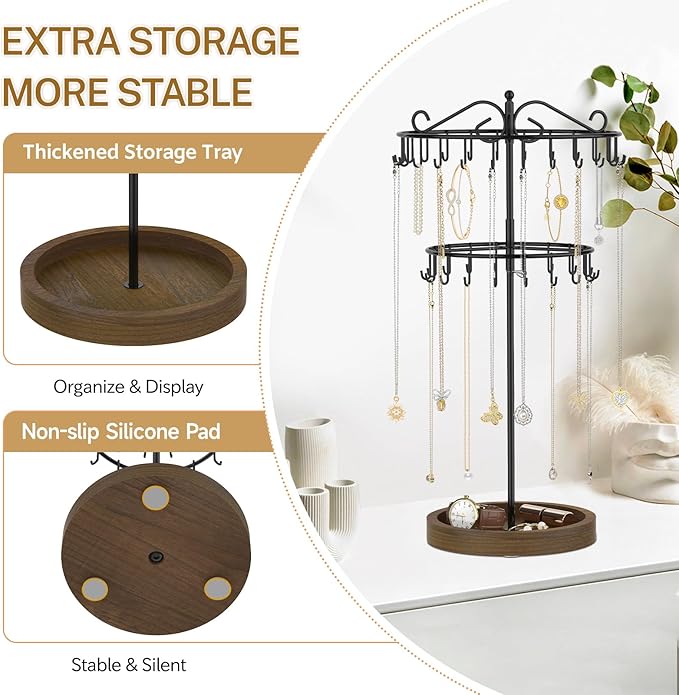 iDavosic.ly 2 Tier Rotating Necklace Holder Organizer with Wooden Jewelry Tray, Adjustable Metal Bracelet Display Stand with 42 Hooks, Extra Tall Keychain Spinning Tree Tower for Women, Black