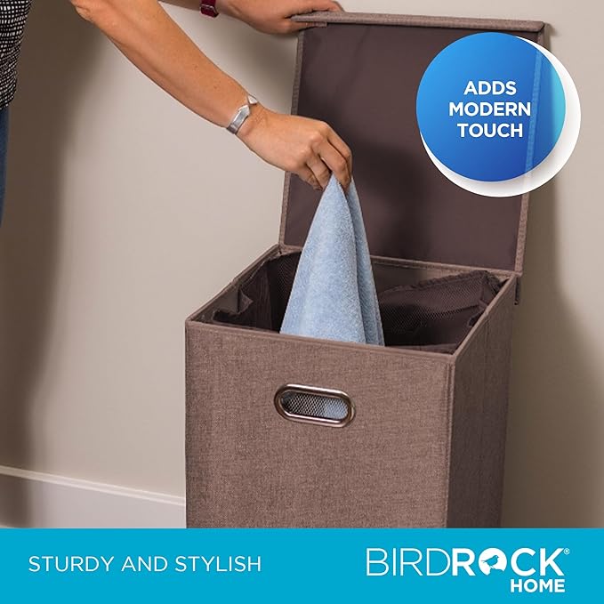 BIRDROCK HOME Single Laundry Hamper with Lid and Removable Liner | Linen | Easily Transport Laundry | Foldable Hamper | Cut Out Handles