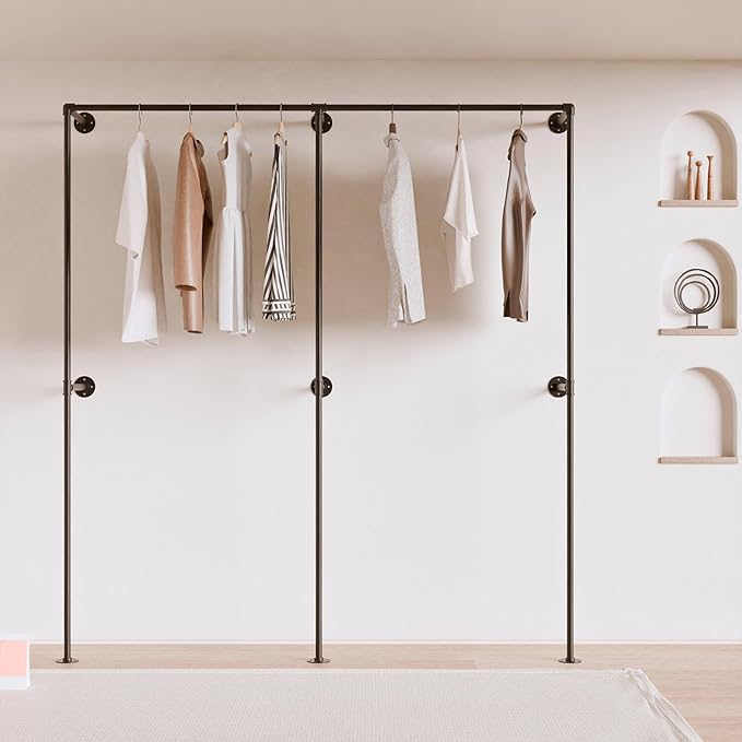 Industrial Pipe Clothing Rack, Heavy Duty Wall Mounted Clothes Rack, Retail Display Hanging Garment Rod for Laundry Rooms, Closet Storage, 14.6x75x82.7 Inches, Model K06