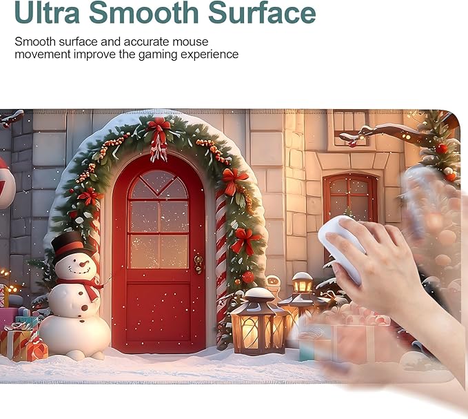 Christmas Scene Gaming Mouse Pad 35.4"x15.7"Desk Mat Anti-Slip Rubber Base & Durable Stitched Edges for Gamers Smooth Mouse Writing Surface for Desk Office/Home