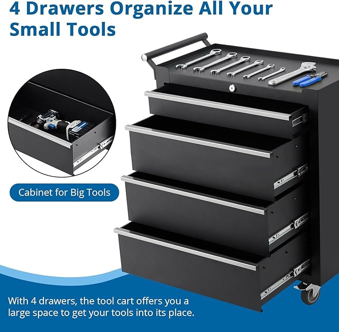 IDEALHOUSE Rolling Tool Chest, 4 Drawers Tool Storage Cabinet, Toolbox with Wheels, Portable Tool Cabinet Organizer with Locking System & Drawer Liners, Tool Storage Cart for Garage, Workshop, Black