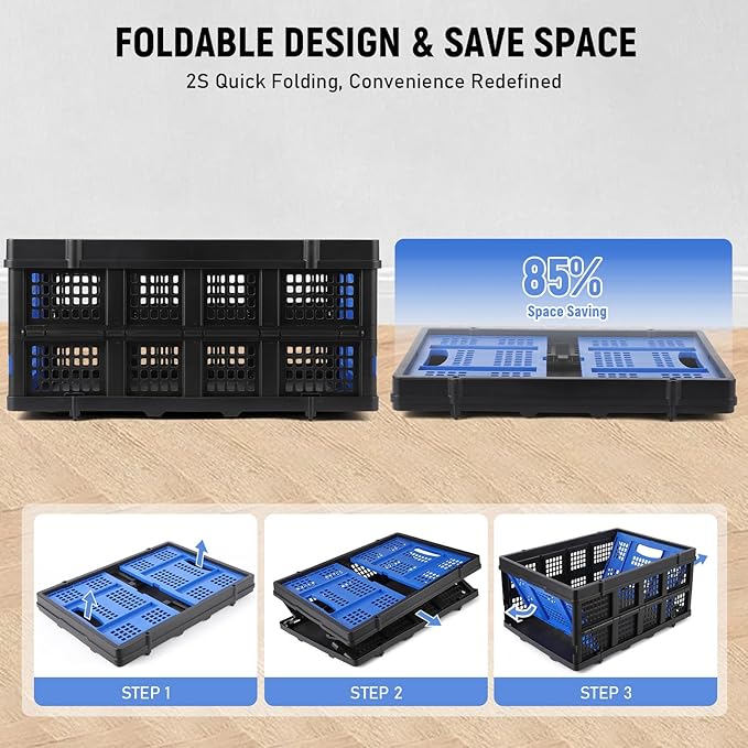 55L Collapsible Crates for Storage,Stackable & Collapsible Milk Crates, Stackable Storage Baskets, Folding Storage Containers for Organizing Tools, Books, Food, Drinks, Camping & Transport