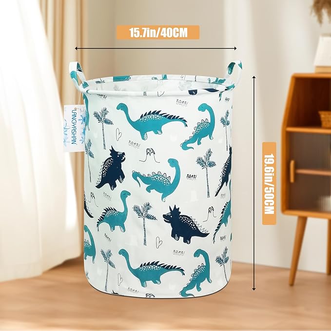 LANGYASHAN Laundry Basket Canvas Fabric Collapsible Organizer Basket for Storage Bin Toy Bins Gift Baskets Bedroom Clothes Children Nursery Hamper (Full dinosaur)