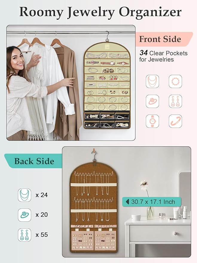 MATEIN Over the Door Jewelry Organizer with Travel Pouch, Double-Sided Hanging Necklace Earring Holder with Pockets, Large Jewelry Storage for Rings Bracelets, Christmas Gifts for Her, Beige-Brown
