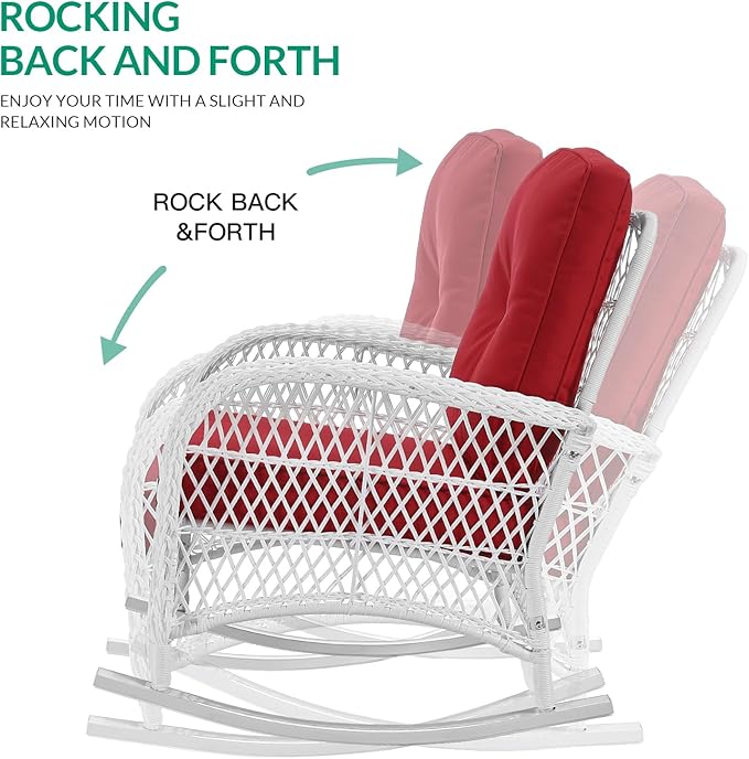 VIVIJASON Outdoor Wicker Rocking Chair, Patio Rattan Rocker Chair with Cushions & Steel Frame, All-Weather Rocking Lawn Rattan Furniture for Garden Backyard Porch (White Wicker/Red)