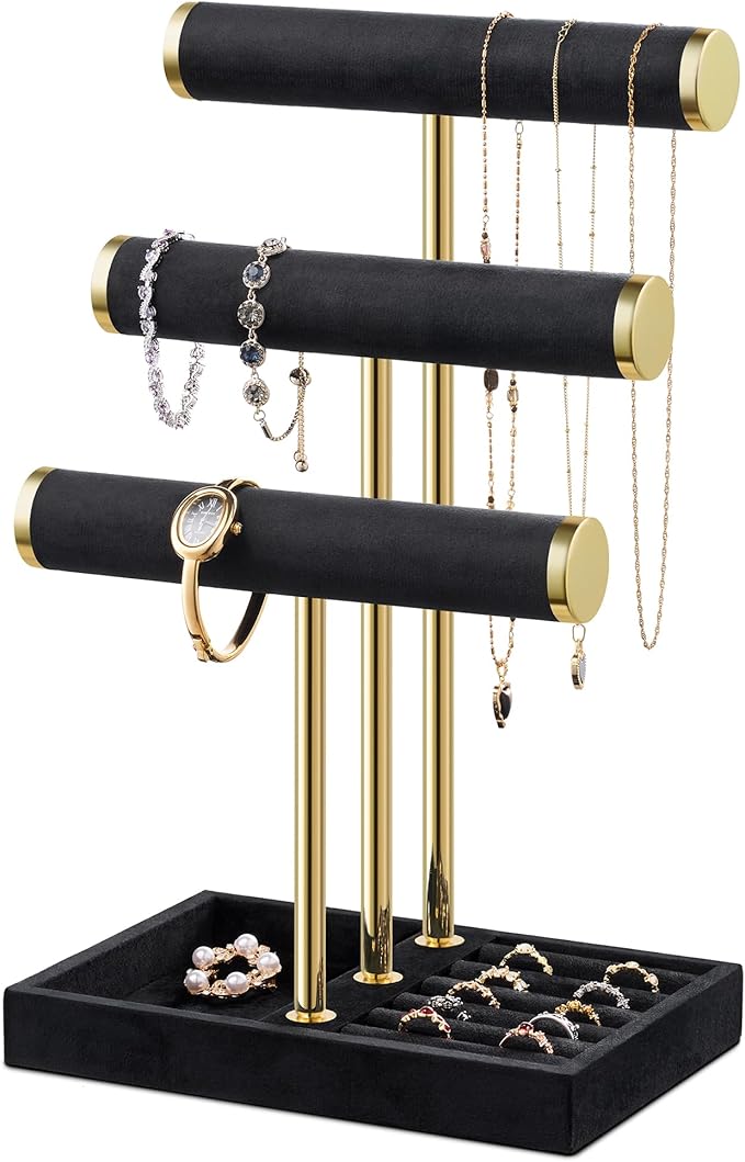 Bracelet Holder Jewelry Organizer Display - 3 Tier T Bar Velvet Stand, Black Jewelry Storage for Bracelet, Necklaces, Earrings, Watches