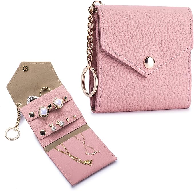 Small Travel Jewelry Organizer Case for Women, Genuine Leather Mini Jewelry Roll with Keychain, Portable Earring Ring Necklace Storage Pouch for Short Trips & Daily Use