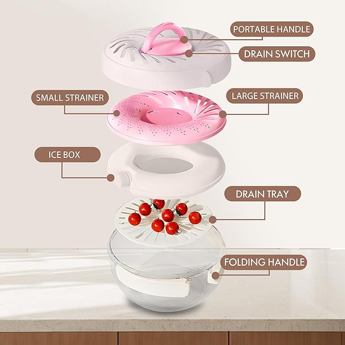 2025 New Upgrade Fruit Washing Bowl with Strainer,3 in 1 Multipurpose Drain Basket with Lid & Ice Box,Foldable Handle Fruit Strainer,1QT(1L)Fruit Washer Perfect for Fridge Storage and Outdoor Picnics