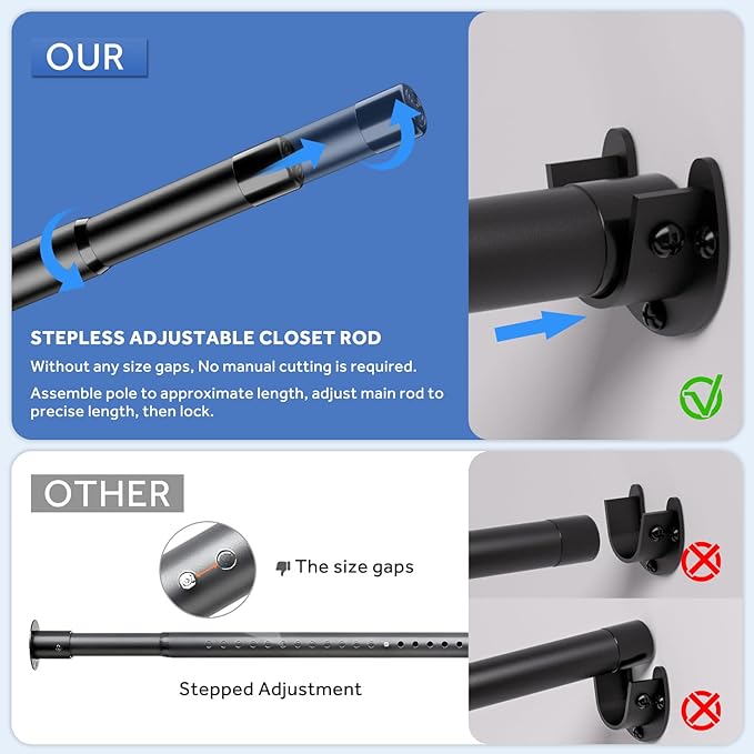Closet Rod, 17 to 97 Inch Closet Rods for Hanging Clothes, Heavy Duty Adjustable Clothes Hanging Bar Rod Matte Black Closet Poles for Wardrobes, Closet, Bathroom, Windows, 1.3 Inch Diameter