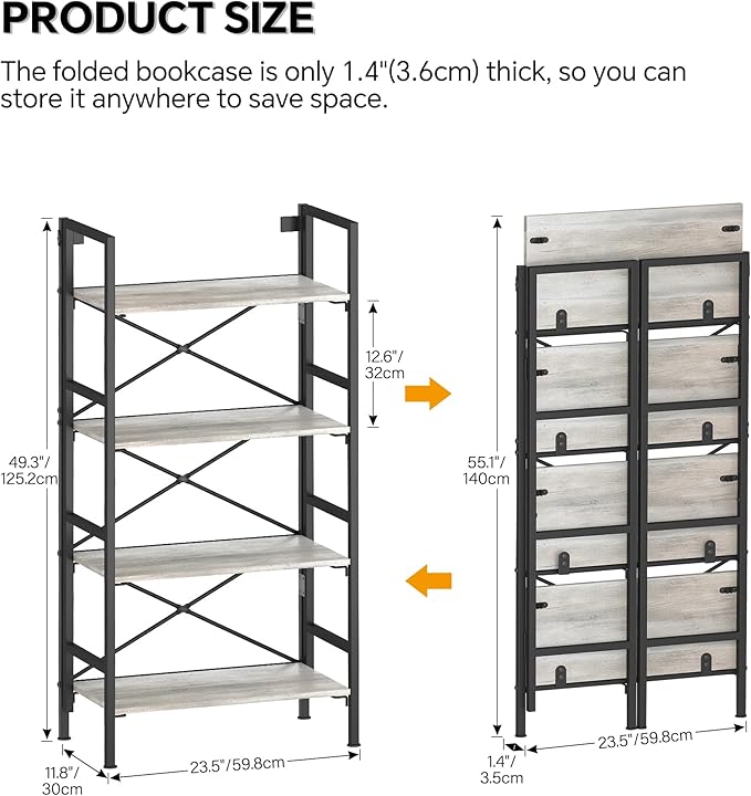 Homeiju Folding Bookshelf,4 Tier Bookcase Foldable Shelf with X-Bracket Design, Adjustable Feet, Space Saving Storage for Living Room, Office, Brownish
