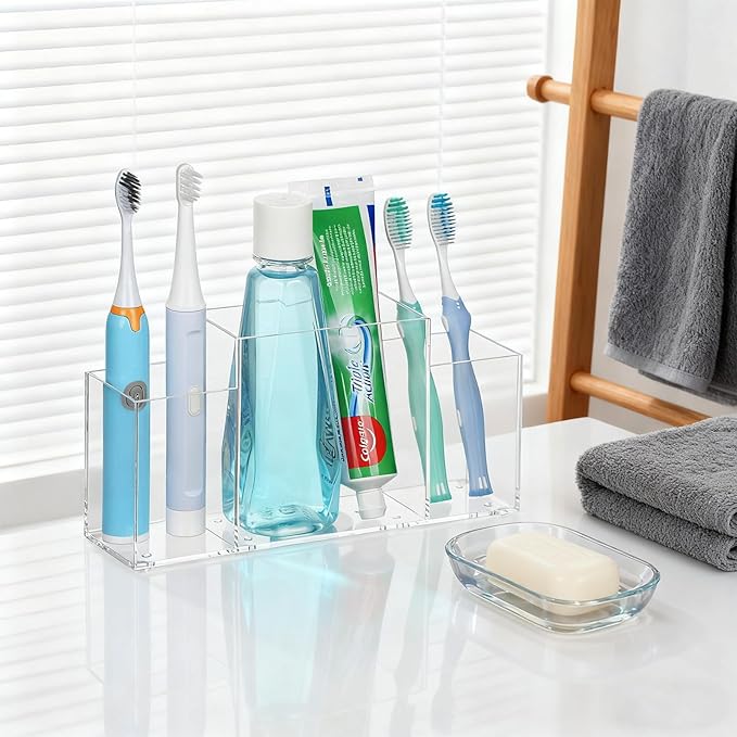 Acrylic Toothbrush Holder for Bathroom Counter, Clear Multi-Functional Toothbrush Organizer with Compartments for Electric Toothbrush, Toothpaste