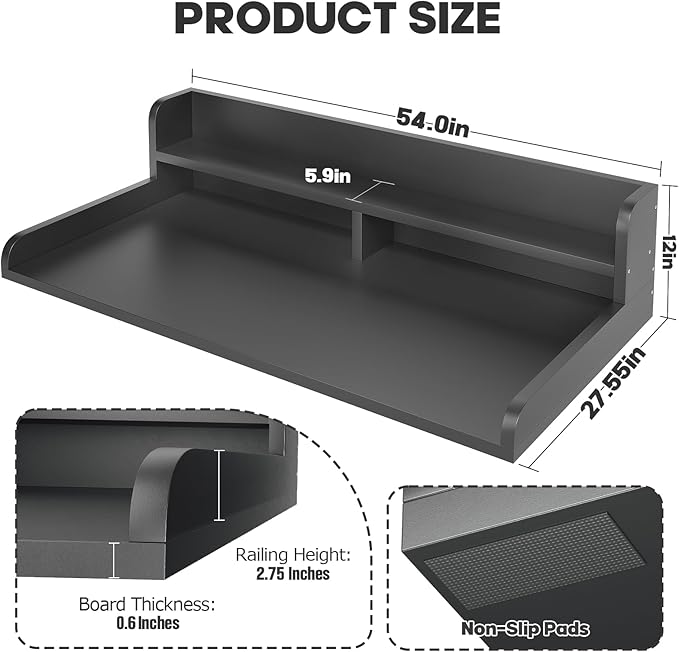 2-Tier Washer Dryer Countertop with 2.75"H Edge Rails, 54" W x 27.55" D Laundry Countertop for Folding Clothes, Washer and Dryer Topper with Non-Slip Pad (Black)