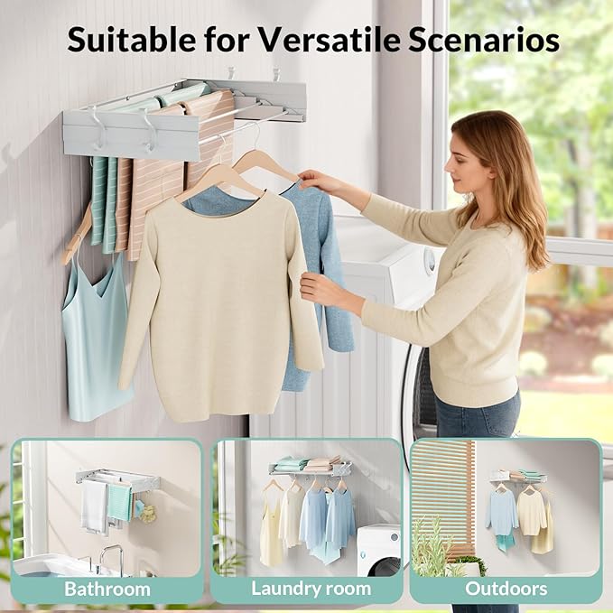 BAKON Wall Mounted Foldable Clothes Drying Rack - Indoor Outdoor Laundry Drying Rack with 4 Hooks & 4 Poles, Space Saving Concealed Design for Storage (23.6"【Upgrade】)