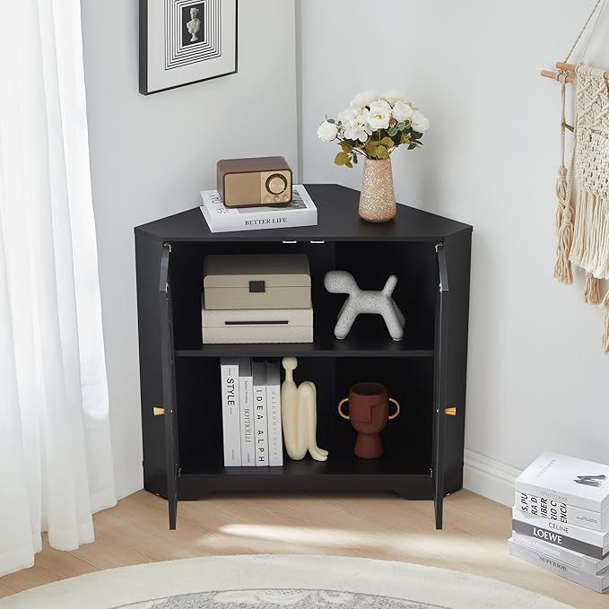 31.5" Mid-Century Modern Small Coner Storage Cabinet, Black Coner Cabinet with Arched Acrylic Mullion Door & Adjustable Shelf for Living Room, Bathroom, Kitchen Coofee Bar (Black)