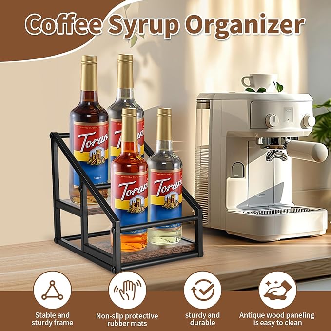 Coffee Syrup Rack Organizer,Liquor Bottle Display Shelf,2-Tier 4 Bottle Stand for Coffee Bar, Kitchen Station, Liquor, Wine, Dressing,Rustic Brown