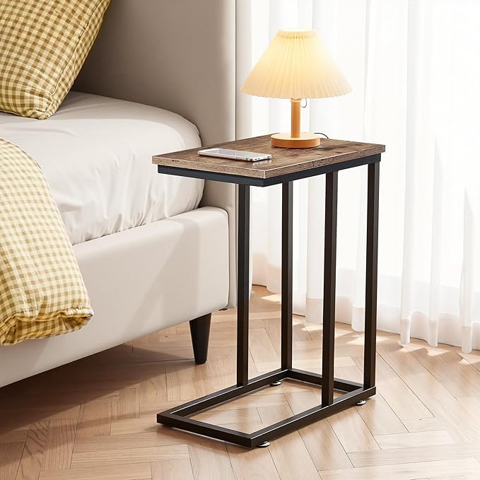 VECELO C Shaped End Side Table for Sofa Couch and Bed Snack TV Tray for Living Room Bedroom, 2 PCS,Grey