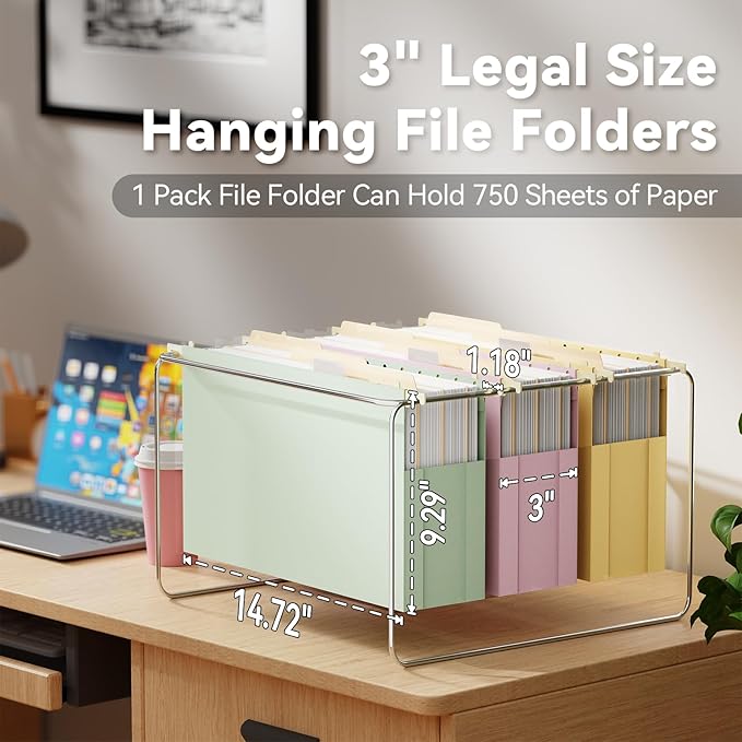 Ansook Plastic Legal Size Hanging File Folders,Heavy Duty 3" Legal Expandable File Folder Hanging with Tabs,6 Pack Extra Capacity File Cabinet Folders,Hanging File Organizer-Assorted Colors