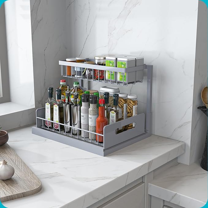 REALINN Under Sink Organizer, Pull Out Cabinet Organizer 2 Tier Slide Out Sink Shelf Cabinet Storage Shelves, Storage for Kitchen Bathroom, Grey, 2 Pack