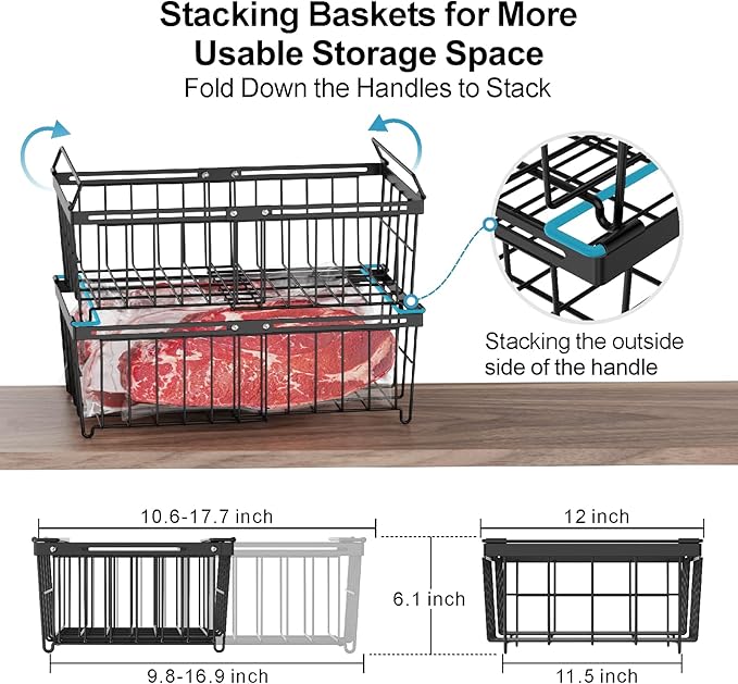 iSPECLE Freezer Organizer Bins - Fit 10 to 20 Cu.FT Chest Freezer, 4 Pack Expandable Stackable Large Deep Freezer Organizer Bins Sort Food, Easily Get Food from Bottom Better Ventilation, Black