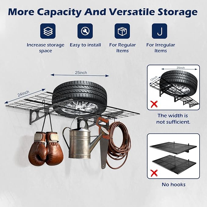 2 Pack 2x6 Ft Garage Wall Shelving, 1400 lbs Heavy Duty Metal Garage Shelf Storage Organization, 24x36 Inch Wall Mounted Floating Shelves x 4, High Capacity with Hooks, Space Saving