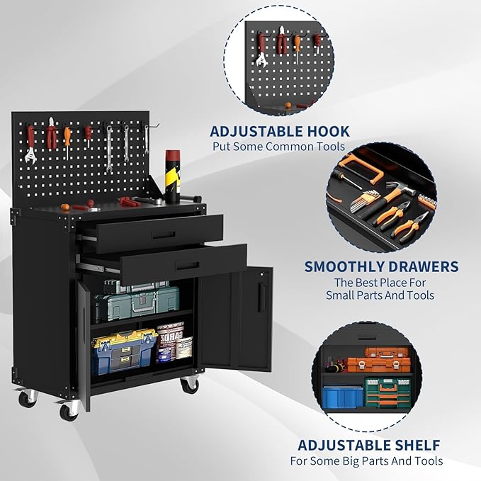 35” Heavy-Duty Rolling Tool Cabinet with Deep Drawers, Locking Casters & Pegboard | Industrial Steel Storage Organizer, Adjustable Shelves, Mobile Workbench for Garage, Workshop, Warehouse