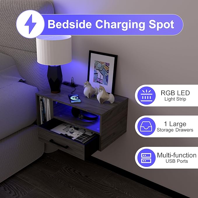 Homaterial Floating Nightstand with Charging Station and LED Lights, Floating Bedside Table with Drawers Wall Mounted Nightstands,for Bedroom Room, 21.3" x 11.8" x 10",Grayish Brown