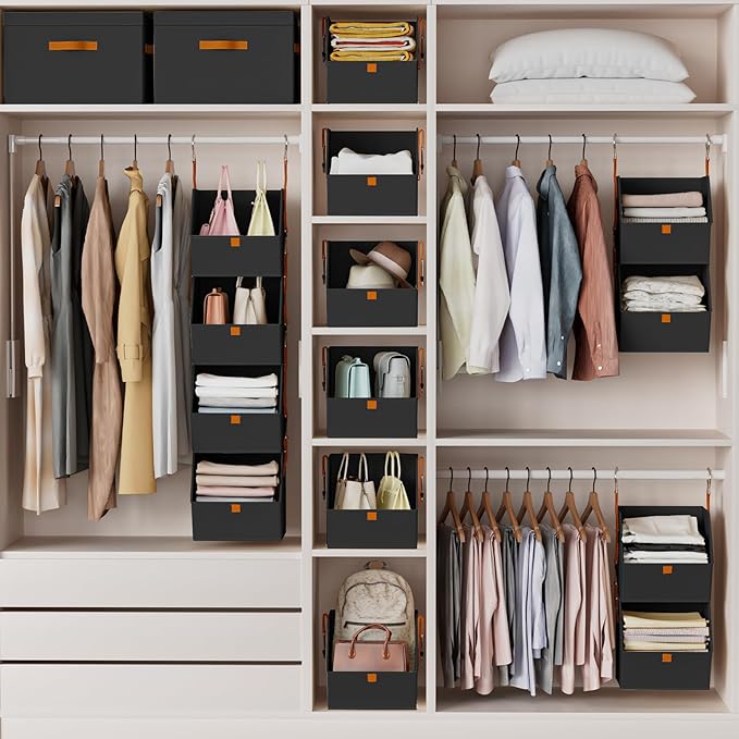 Hanging Closet Organizer 4 Tier - Clothes Hanging Shelves, Space-Saving Closet System, Fabric Storage Bins Bedroom Organization, Collapsible Baskets for Home, Dorm, Rv, Black, 2 Pack