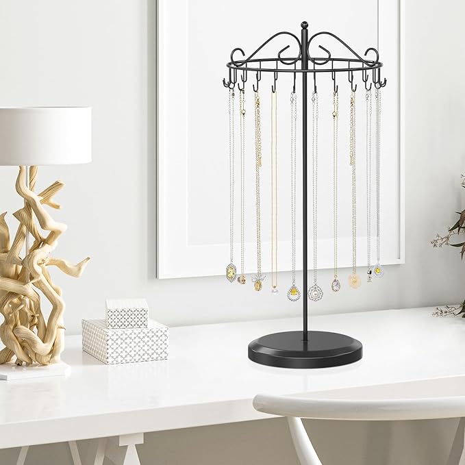 iDavosic.ly Rotating Necklace Holder Organizer with 24 Hooks, Adjustable Metal Bracelet Display Stand Rack, Extra Tall Keychain Spinning Tree Tower for Women, Black