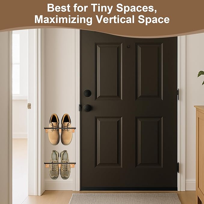 2-Pack Wall Mounted Shoe Rack, Wooden & Metal Foldable Shoe Rack - Space Saving Wall Shoe Holder for Entryway, RV, Camper, Closet, Apartment, Fits Various Shoes - Natural
