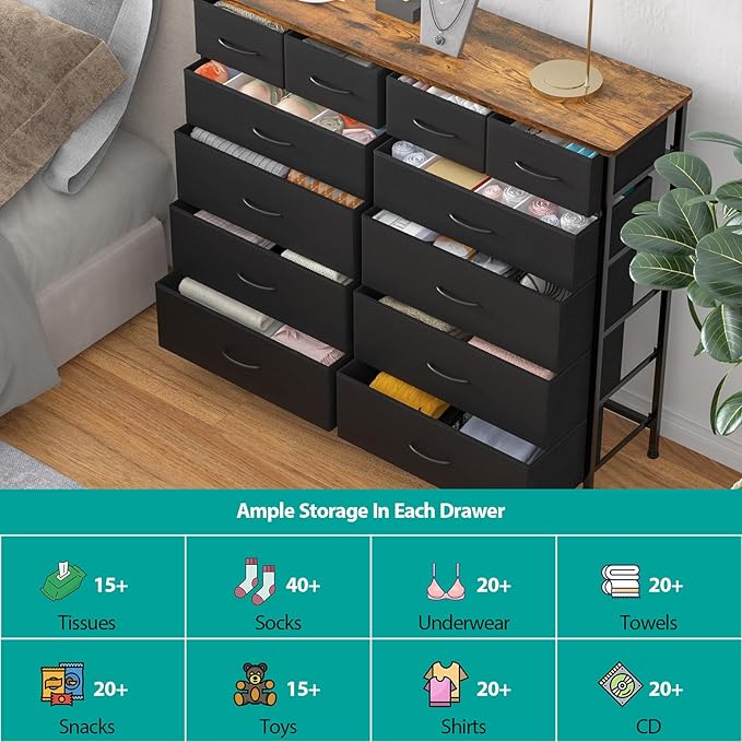 Dresser for Bedroom with 12 Drawers, Tall Fabric Drawer Dresser, Compact Chest of Drawers for Closet, Nursery, Bedside, Living Room, Laundry, Entryway, Hallway