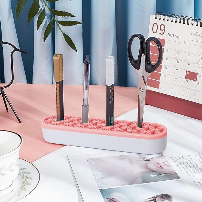 Unaone Silicone Makeup Brush Holder, Multipurpose Beauty Tool Organizer Make up Brush Storage Stand for Painting Pen Brushes Nail Clippers Drill Pens Ruler Sewing Craft Tools (Pink)