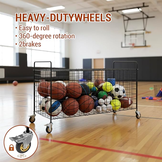 MyGift X-Large Capacity Black Metal Sports Ball and Gym Equipment Storage Rolling Cart with 2 Compartments, Lock Latch and Heavy-Duty Locking Caster Wheels, Garage Ball and Gear Organizer Holder