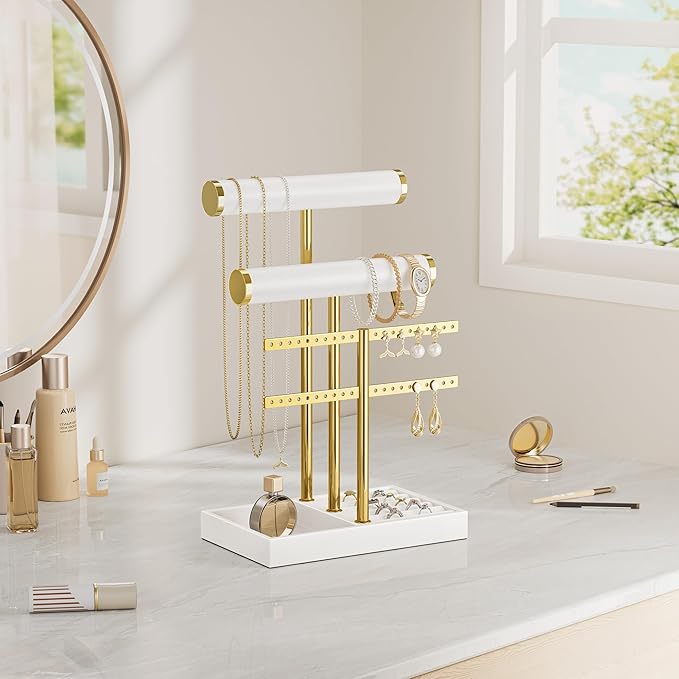 3 Tier Bracelet Holder Display - White Leather Bracelet Holder, Detachable T Bar Jewelry Holder Organizer for Bracelet, Necklace, Earrings, Rings, Watches, Bangle