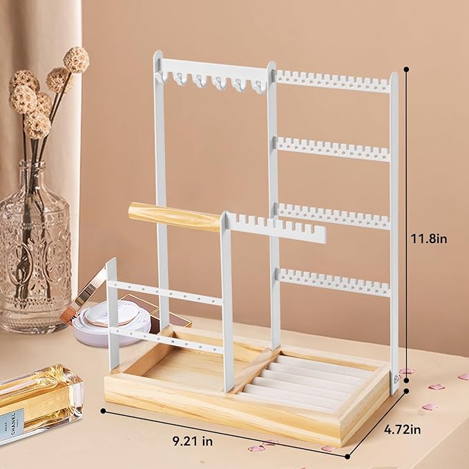 DreamGenius Jewelry Organizer Stand with Velvet Ring Holder, 4 Tier Jewelry Holder Organizer with 11 Hooks for Necklaces and 132 Holes for Earrings, White