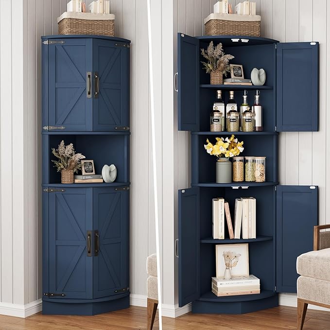 Vabches 64.8" Tall Farmhouse Corner Cabinet with 4 Doors and 5 Storage Shelves, Farmhouse Storage Cabinet with Barn Door Design, Home Space Saver for Living Room, Kitchen, Laundry Room,Blue