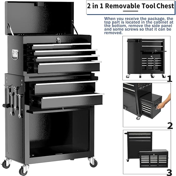8-Drawer High Capacity Rolling Tool Box with Wheels,Rolling Tool Chest with Drawer,Tool Box on 4 Wheels with Lock, Tool Storage Cabinet Removable Portable Box for Garage Warehouse (Black)