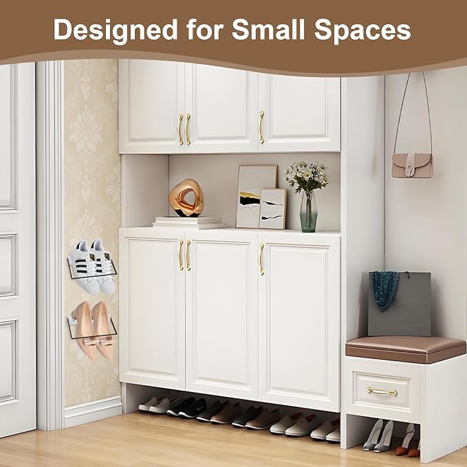 2-Pack Wall Mounted Shoe Rack, Wooden & Metal Foldable Shoe Rack - Space Saving Wall Shoe Holder for Entryway, RV, Camper, Closet, Apartment, Fits Various Shoes-White