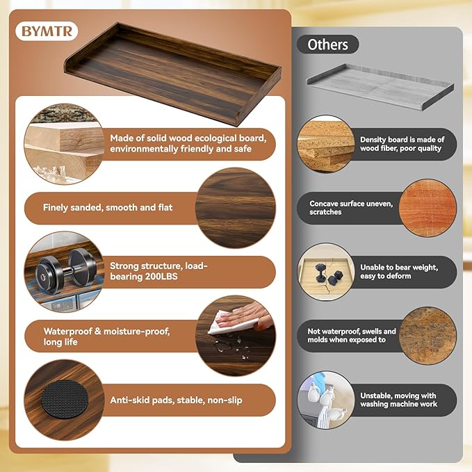 Washer Dryer Countertop, 27.5" D x 54" W Washer and Dryer Topper Covers with Edge Rails, Wood Laundry Room Countertop Shelves for Laundry Room Organization and Storage (Brown)